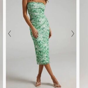 Showpo Brunetta Strapless Mesh Dress in Pink Furnishing Florals